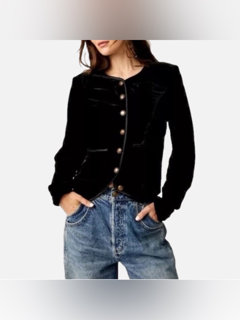 Free People Women’s Black Velour Bronze-Colored Buttons Blazer Chore Jacket XS